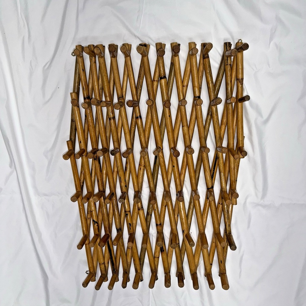 Vintage Bamboo 75 Pegs Wood Accordion Wall Peg Rack Hanging Display Large